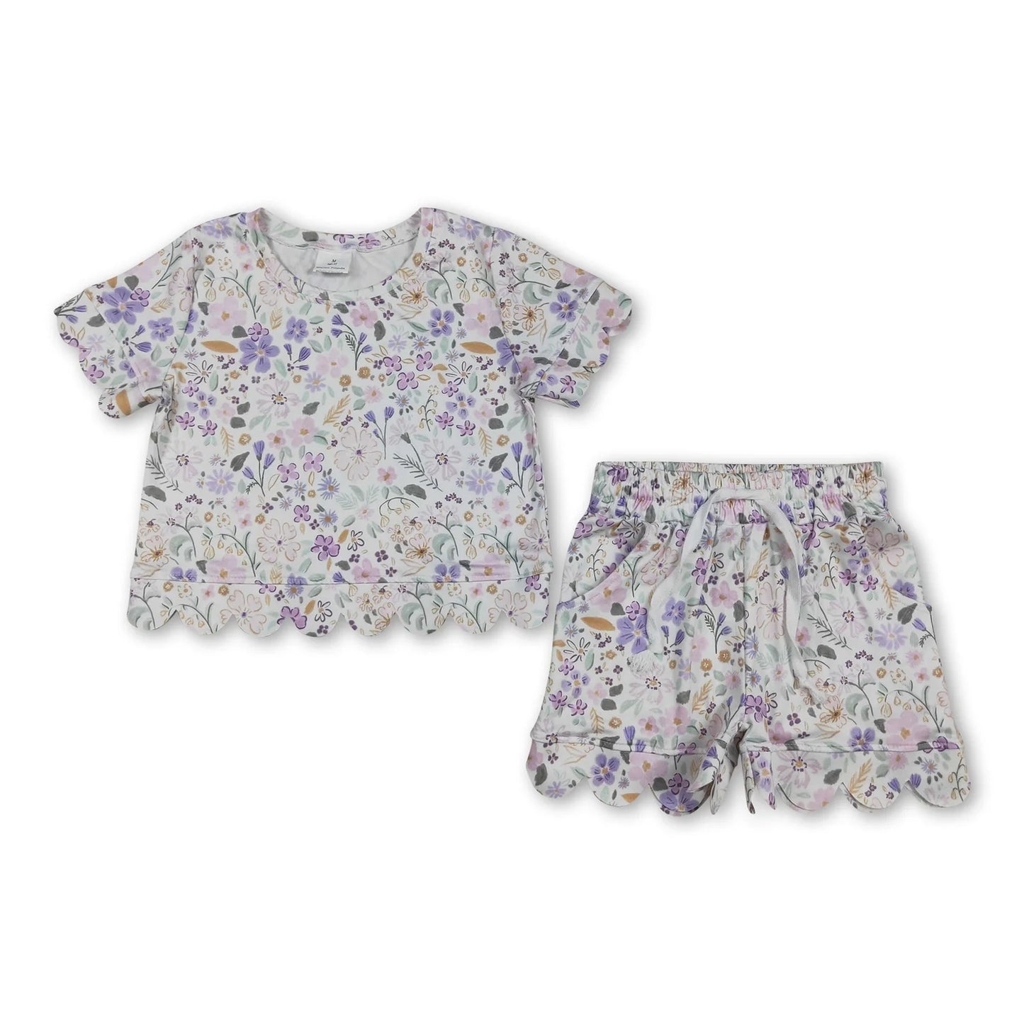 RTS NO MOQ Sibling milk silk Baby Girls Colorful Flowers Short Sleeve Shirt Scallop Casual Shorts Clothing Suit