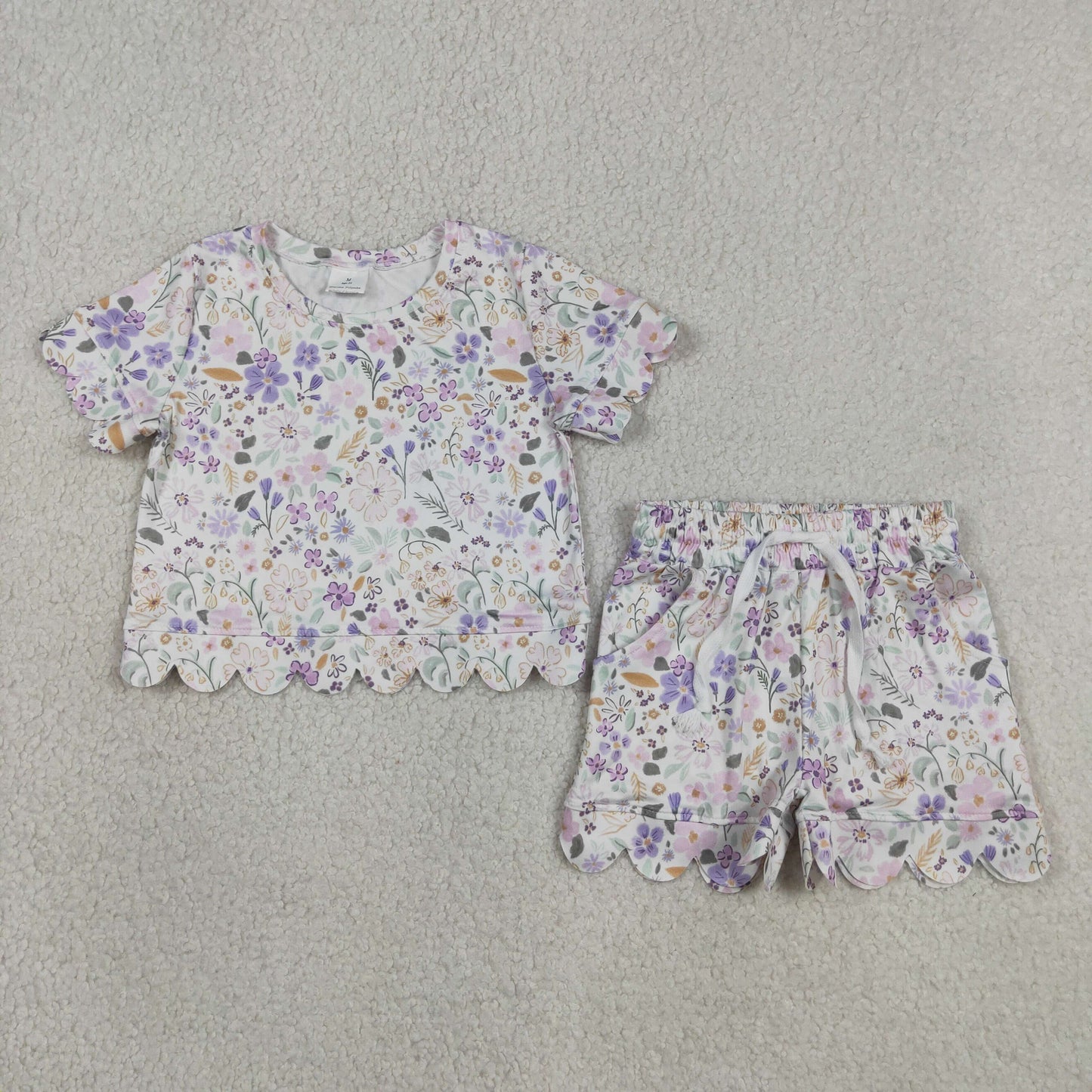 RTS NO MOQ GSSO3267 Baby Girls Lovely Colorful Flowers Short Sleeve Top Pocket Scalloped Shorts Two Piece Set