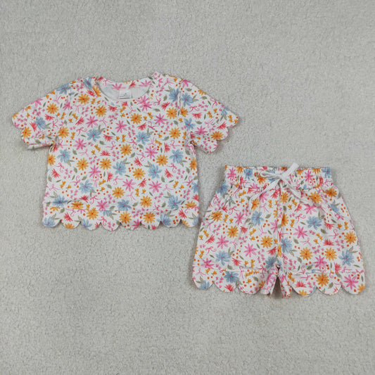 RTS NO MOQ GSSO3269 Baby Girls Short Sleeve Colorful Flowers Top with Scallop Edge Shorts Cute Outfit Set for Little Ones