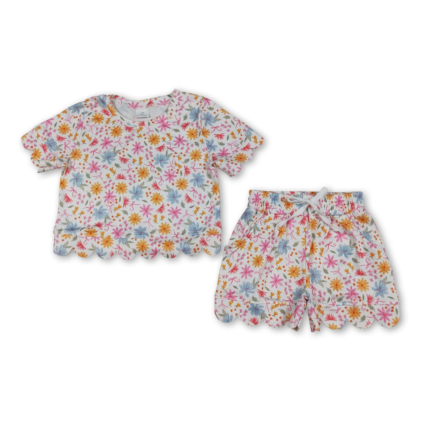 RTS NO MOQ Sibling milk silk Baby Girls Colorful Flowers Short Sleeve Shirt Scallop Casual Shorts Clothing Suit