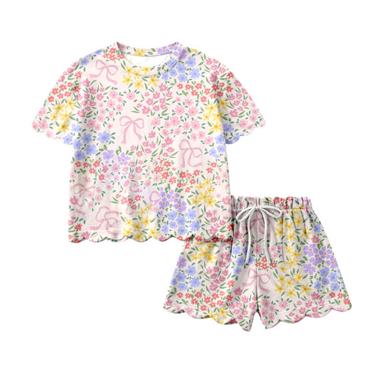 (Pre Order) No moq GSSO3270 Pre-order scallop baby girl clothes floral bow short sleeve shorts sets-2026.1.21