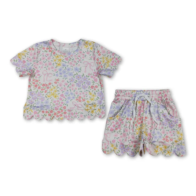 RTS NO MOQ Sibling milk silk Baby Girls Colorful Flowers Scallop Trim Short Sleeve Tee And Elastic Waist Shorts Set
