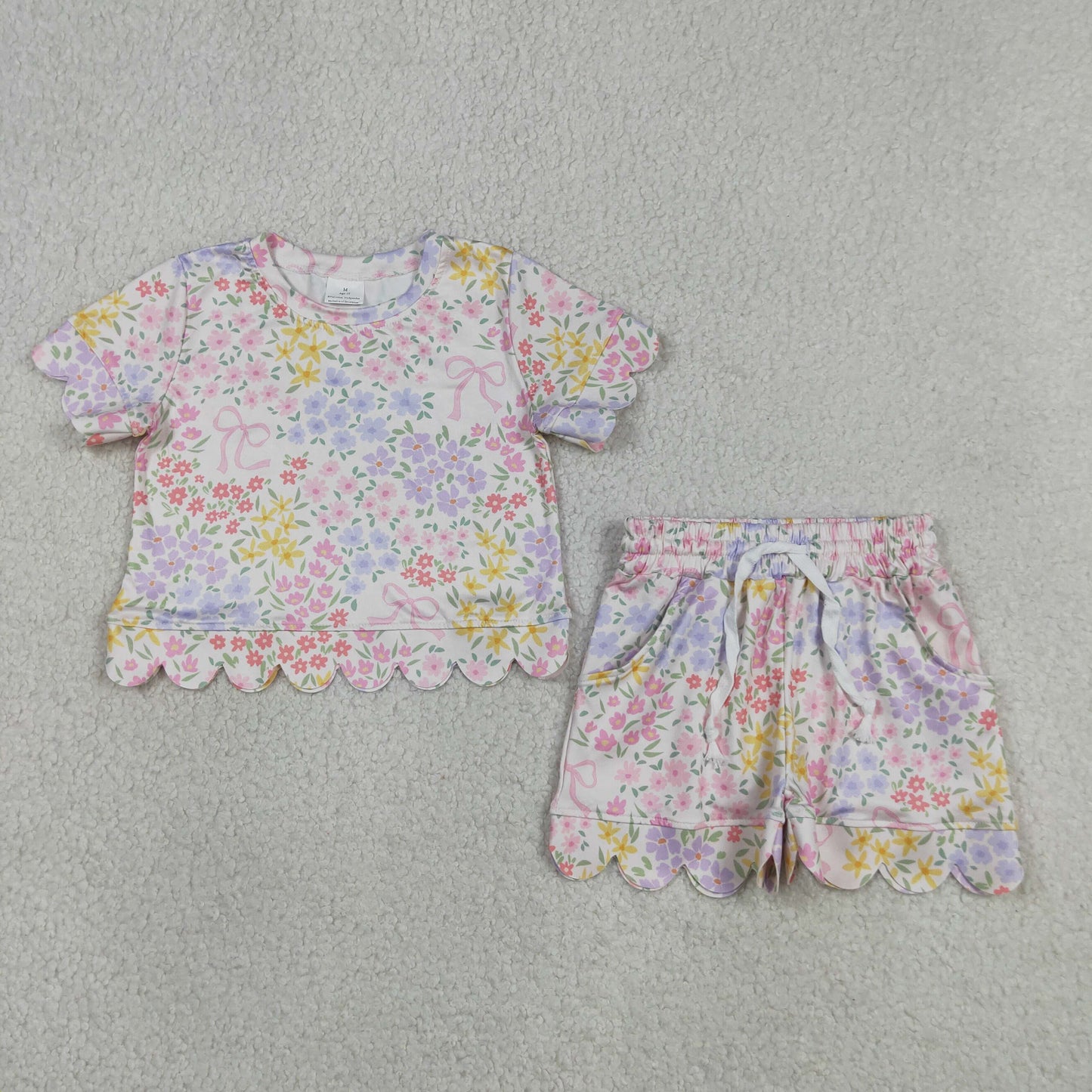 RTS NO MOQ GSSO3270 Toddler Girls Sweet Colorful Flowers Bow Top Pocket Scallop Shorts Outfit