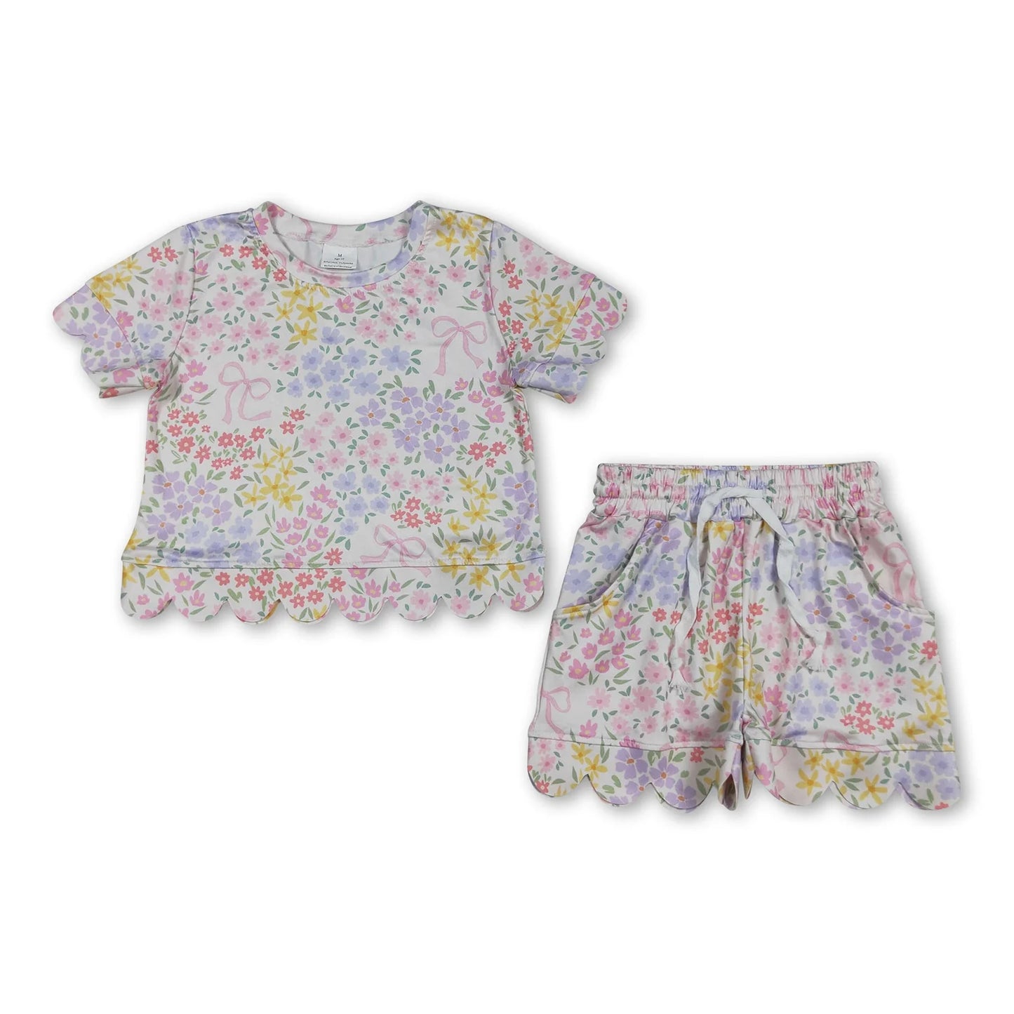 RTS NO MOQ Sibling milk silk Baby Girls Colorful Flowers Short Sleeve Shirt Scallop Casual Shorts Clothing Suit