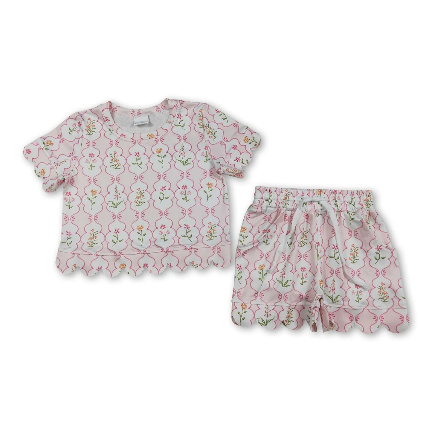 RTS NO MOQ Sibling milk silk Baby Girls Colorful Flowers Short Sleeve Shirt Scallop Casual Shorts Clothing Suit