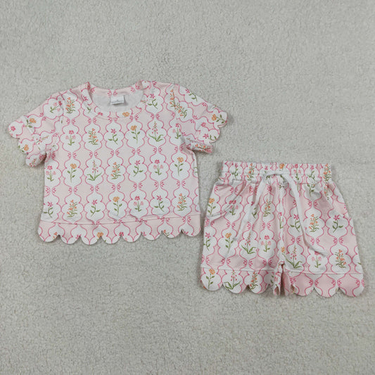 RTS NO MOQ GSSO3271 Baby Girls Colorful Flowers Checked Scallop Top And Shorts Set Cute Outfit Baby Girl Clothing Set