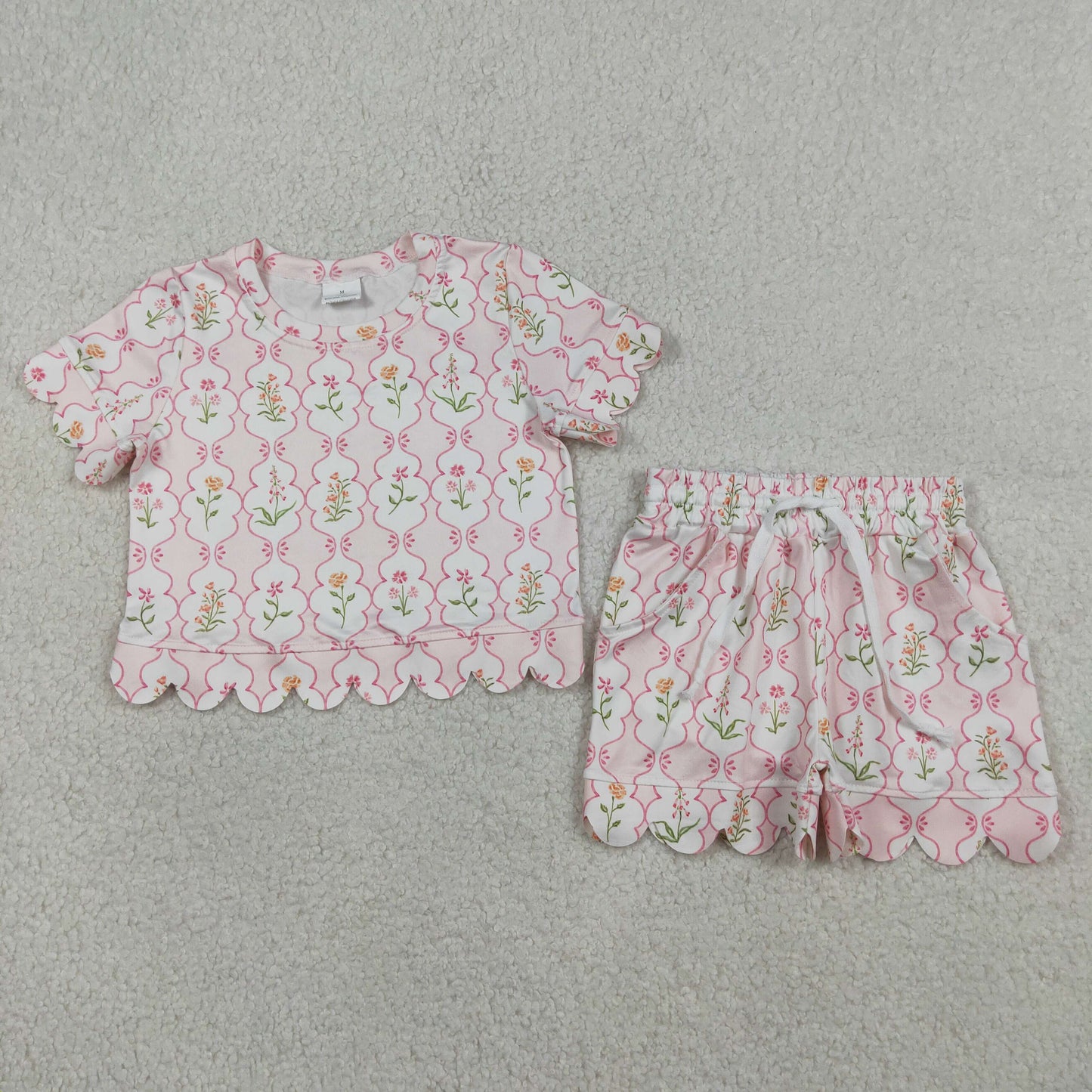 RTS NO MOQ Sibling Baby Girls Colorful Flowers Checked Scallop Top And Shorts Set Cute Outfit