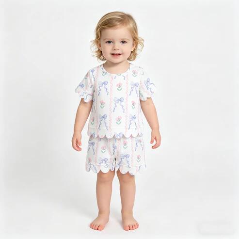 RTS NO MOQ Sibling Mom And Me Bows Flowers Stripe Short Sleeve Top With Pockets Scallop Shorts Sets