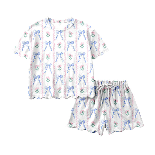 (Pre Order) No moq GSSO3272 Pre-order scallop baby girl clothes floral bow short sleeve shorts sets-2026.1.21