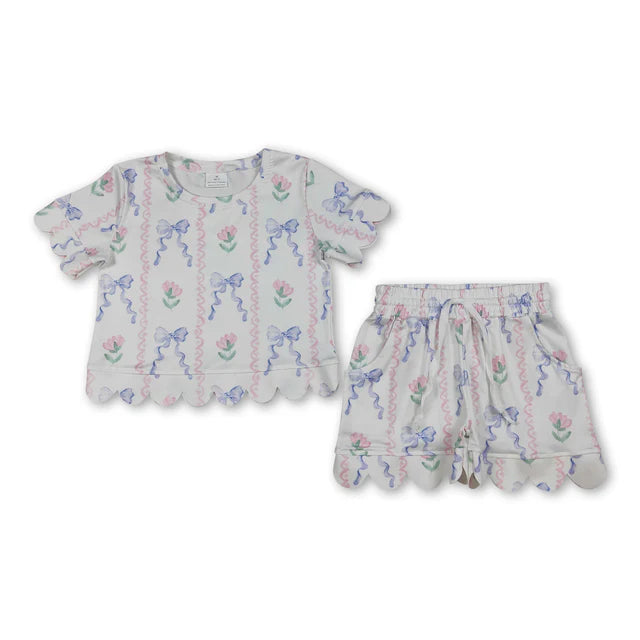 RTS NO MOQ Sibling milk silk Baby Girls Colorful Flowers Scallop Trim Short Sleeve Tee And Elastic Waist Shorts Set