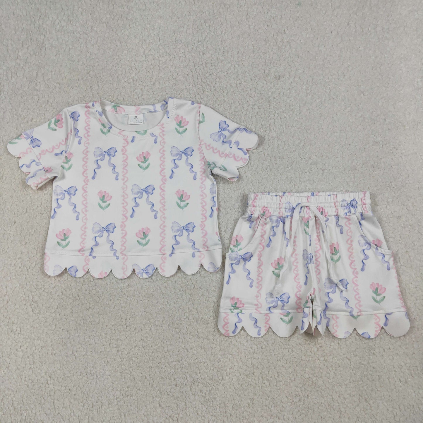 RTS NO MOQ GSSO3272 Baby Girls Blue Bow Short Sleeve Top with Flowers And Stripe Scallop Shorts Outfit Set