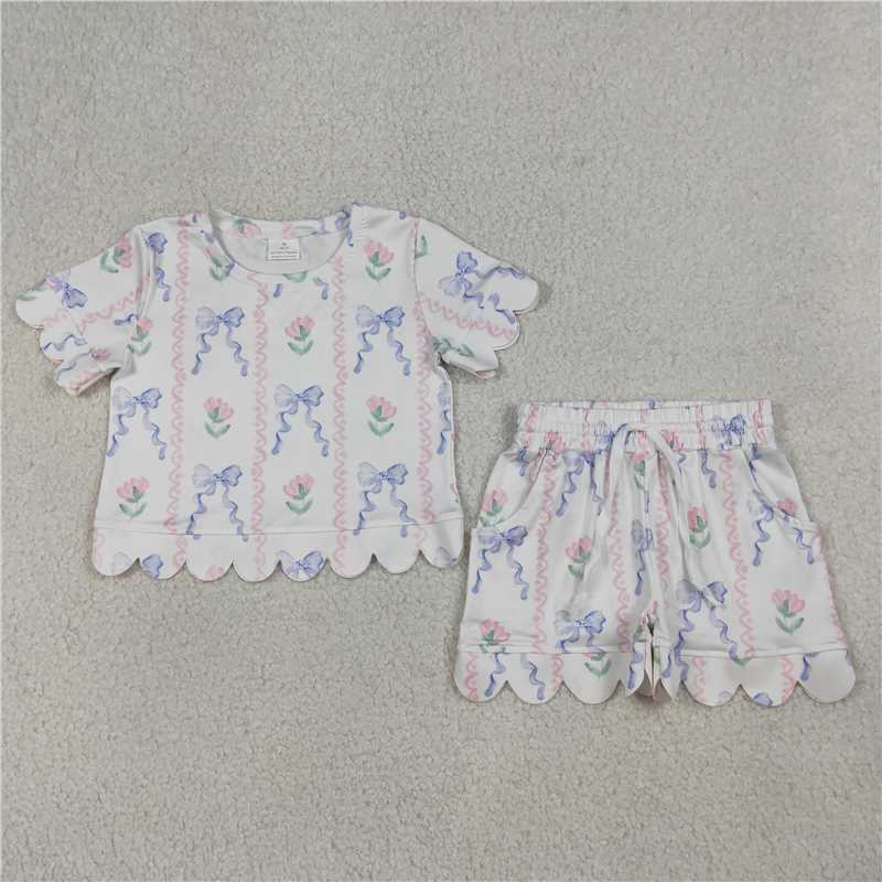 RTS NO MOQ Sibling Mom And Me Bows Flowers Stripe Short Sleeve Top With Pockets Scallop Shorts Sets