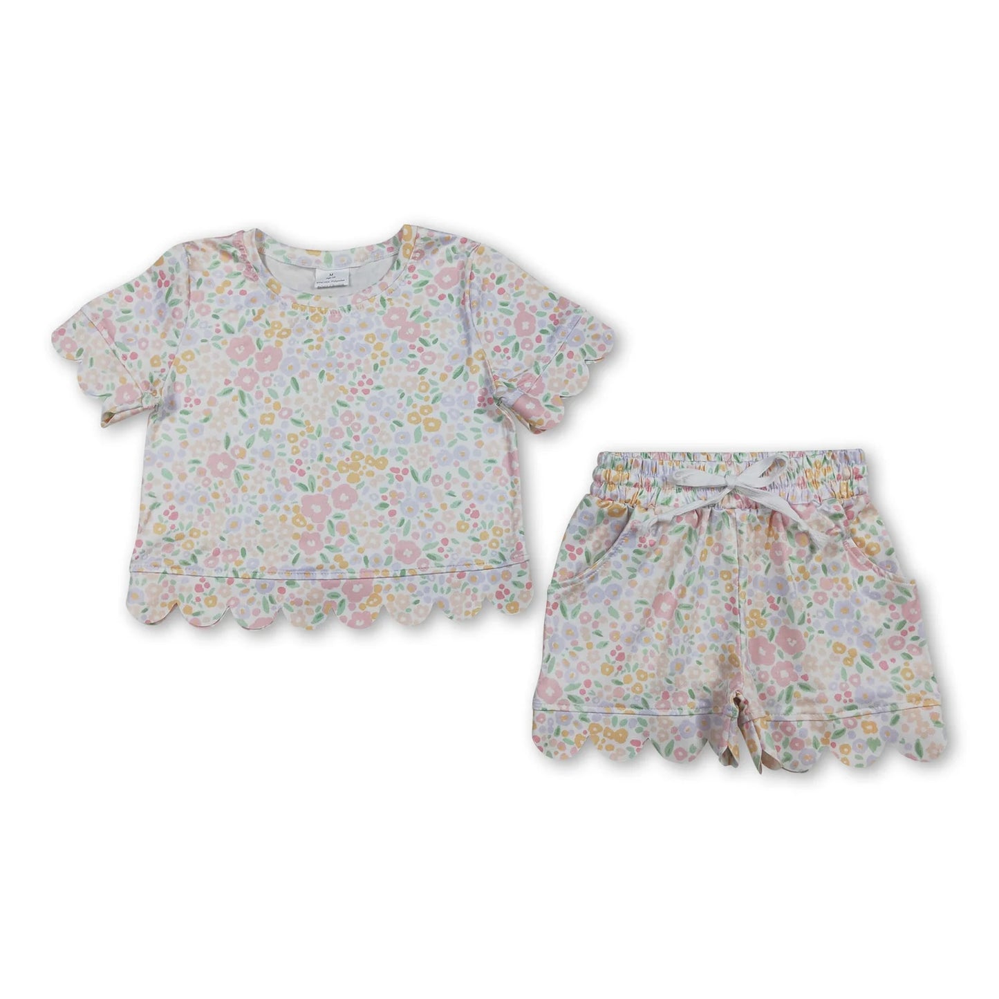 RTS NO MOQ Sibling milk silk Baby Girls Colorful Flowers Short Sleeve Shirt Scallop Casual Shorts Clothing Suit