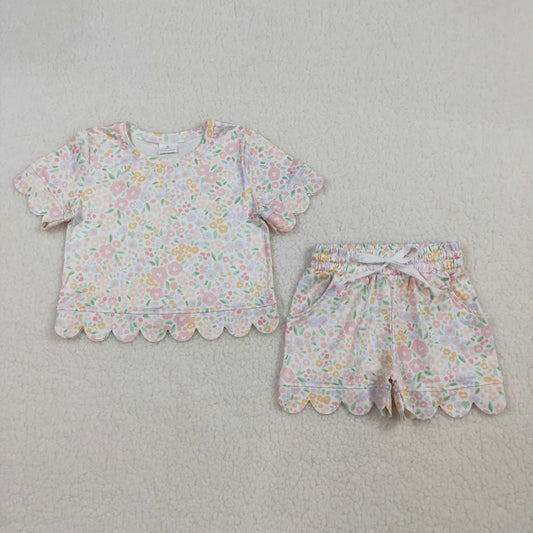 Best Sell RTS Baby Girls Short Sleeve Colorful Floral Top And Scallop Shorts Set Cute Outfit for Little Ones