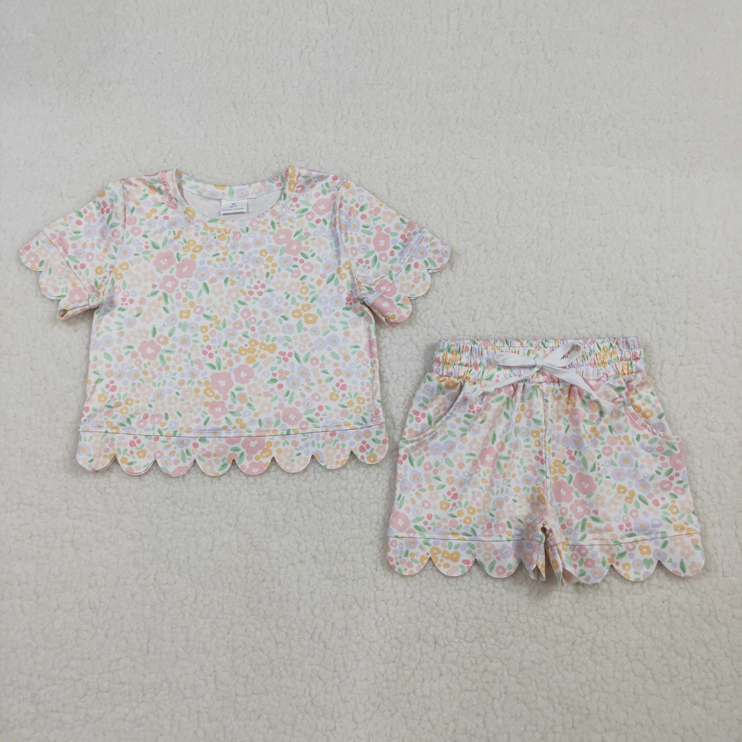 RTS NO MOQ Sibling Baby Girls Short Sleeve Shirt Top Scallop Short with Pockets Set Cute Clothes