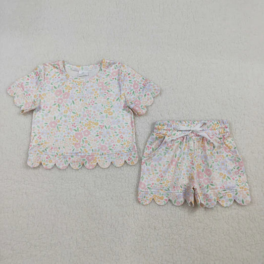 Best Sell RTS Baby Girls Short Sleeve Colorful Floral Top And Scallop Shorts Set Cute Spring/Summer Outfit for Little Ones