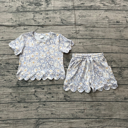 (Sample) No moq milk silk GSSO3275 Baby Girls Summer Daisy Flowers Short Sleeve Scallop Shorts Set
