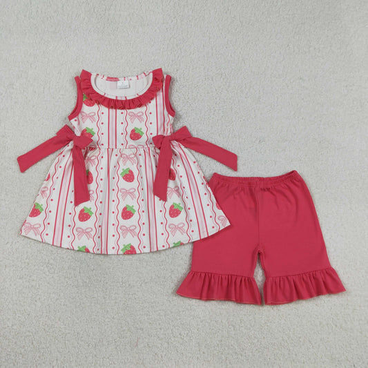 RTS NO MOQ GSSO3276 Baby Girls Strawberry Bows Tunic Ruffle Shorts Outfit Set Striped Print