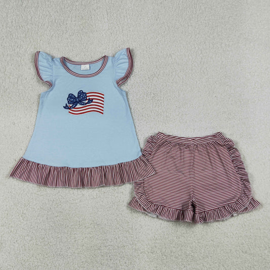 RTS NO MOQ GSSO3278 Baby Girls 4th of July Outfit Set Embroidered Bow Flags Tunic Top with Ruffle Shorts Clothing for Little Girls