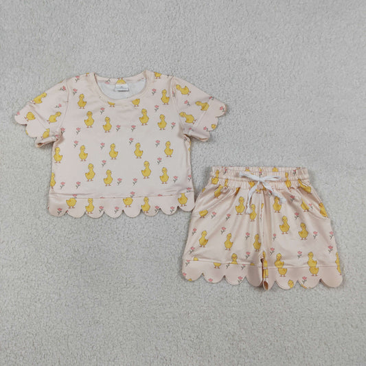 RTS NO MOQ GSSO3281 Baby Girls Flowers  Print Scallop Top And Shorts Set Cute Outfit