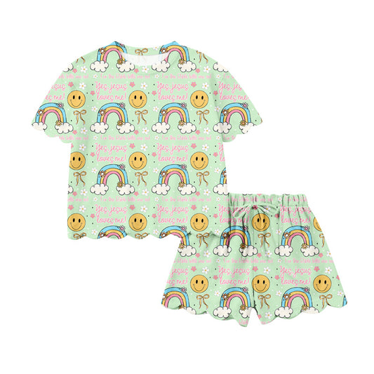(Pre Order) No moq GSSO3283 Pre-order scallop baby girl clothes smiley bow short sleeve shorts sets-2026.1.22