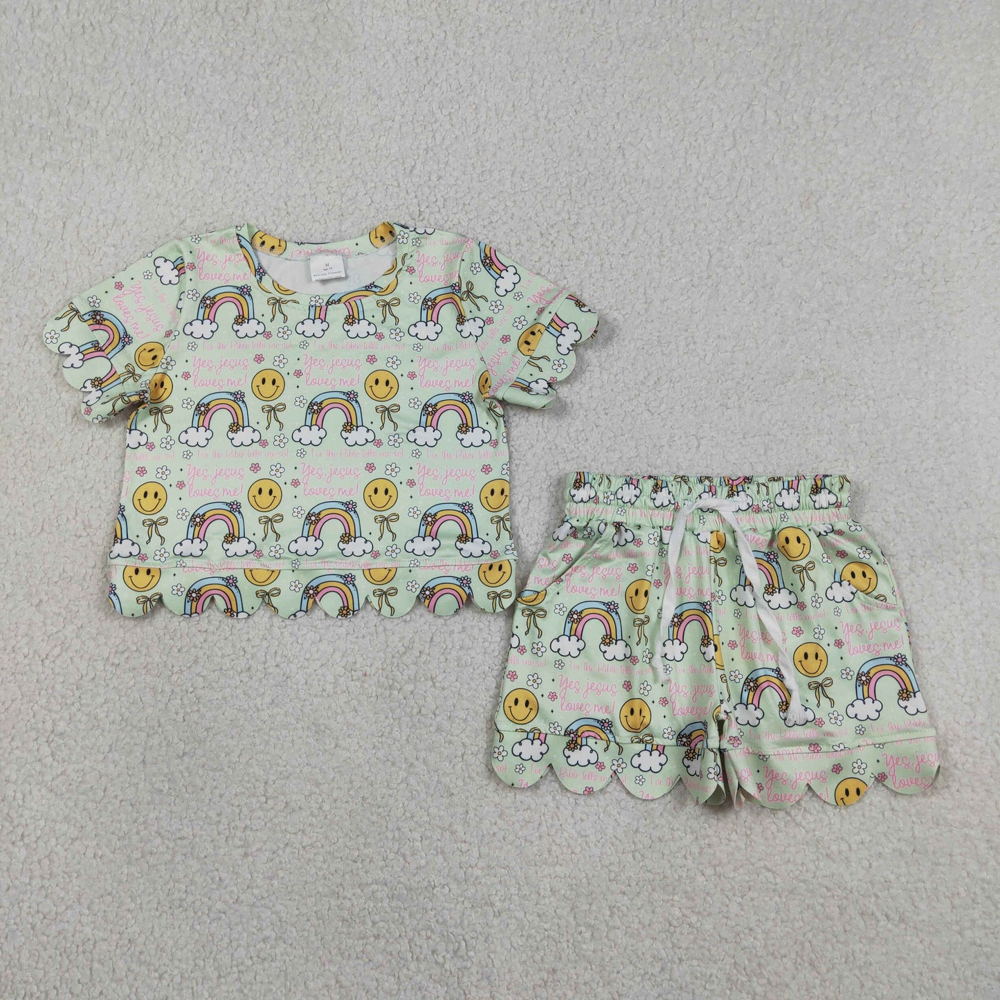 RTS NO MOQ GSSO3283 Baby Girls Cute Rainbow Smiles Flowers Scallop Pocket Clothes Set