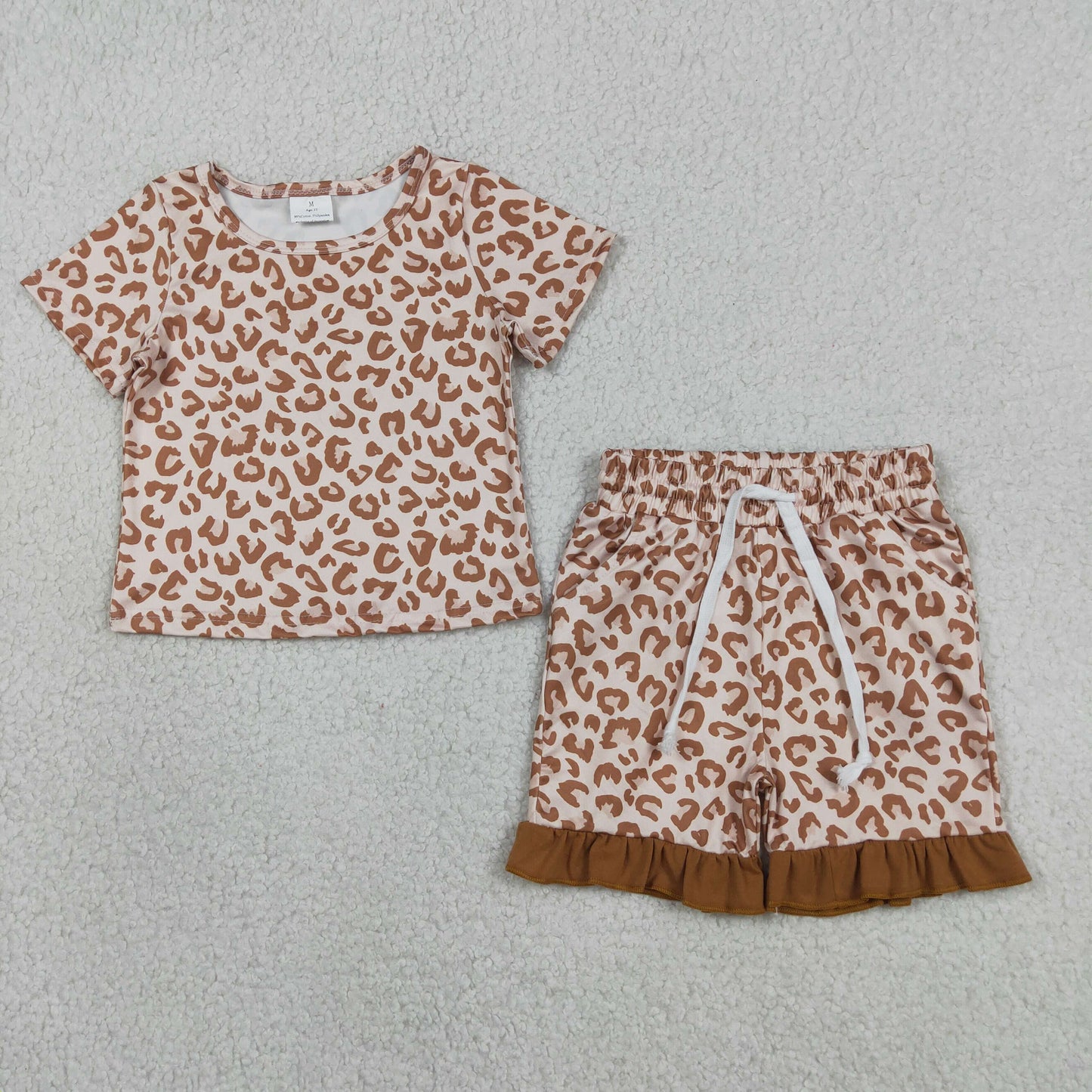 RTS NO MOQ GSSO3292 Baby Girls Leopard Printed Khaki Top Pocket Ruffle Short Pajama Sets
