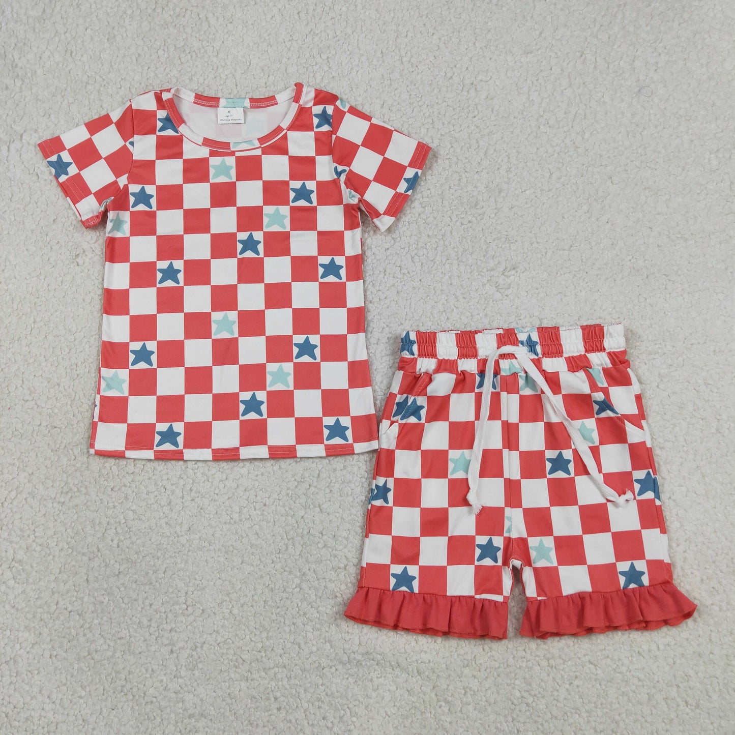 RTS NO MOQ milk silk GSSO3293 Baby Girls Red Stars Checked Top with Pockets And Ruffle Shorts Outfit Set for 4th of July