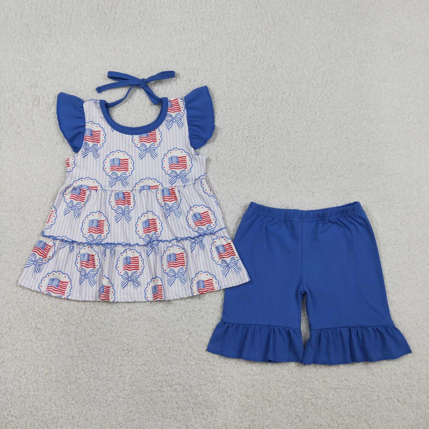 RTS NO MOQ Baby Girls Blue Stripe Bows Flags Tunic Ruffle Short 4th of July Clothes Sets