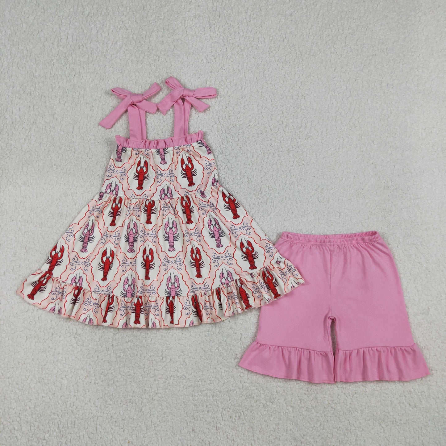 RTS NO MOQ Sibling Baby Girls Checked Strap Bows Crayfish Tunic Ruffle Shorts Outfit Set Infants Romper Dress Outfit