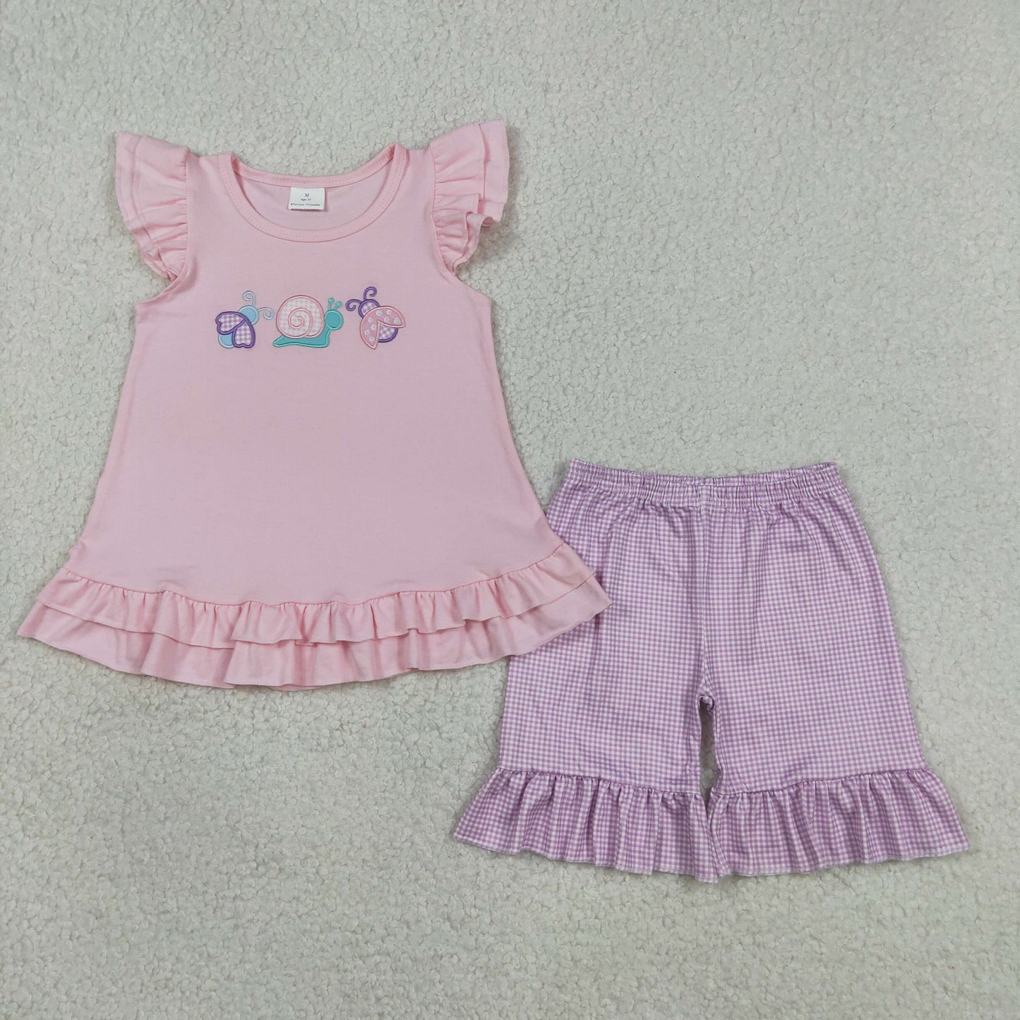 RTS NO MOQ Sibling Baby Girls Embroidery Bug Pattern Tunic and Ruffle Shorts Outfit Boys Short Sleeve Top