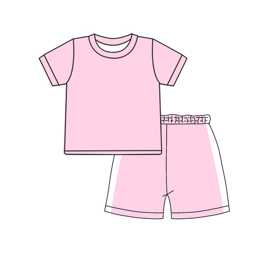 (Pre Order) No moq GSSO3310 Baby Girls Light Pink Short Sleeve Shirt Top And Short Pajamas Set Cute Sleepwear Clothing Set for Infants