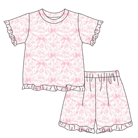 (Pre Order) No moq GSSO3320  Baby Girls Pink Bows And Flowers Top with Ruffle Shorts Pajamas Set Cute Clothes Outfit for Infants