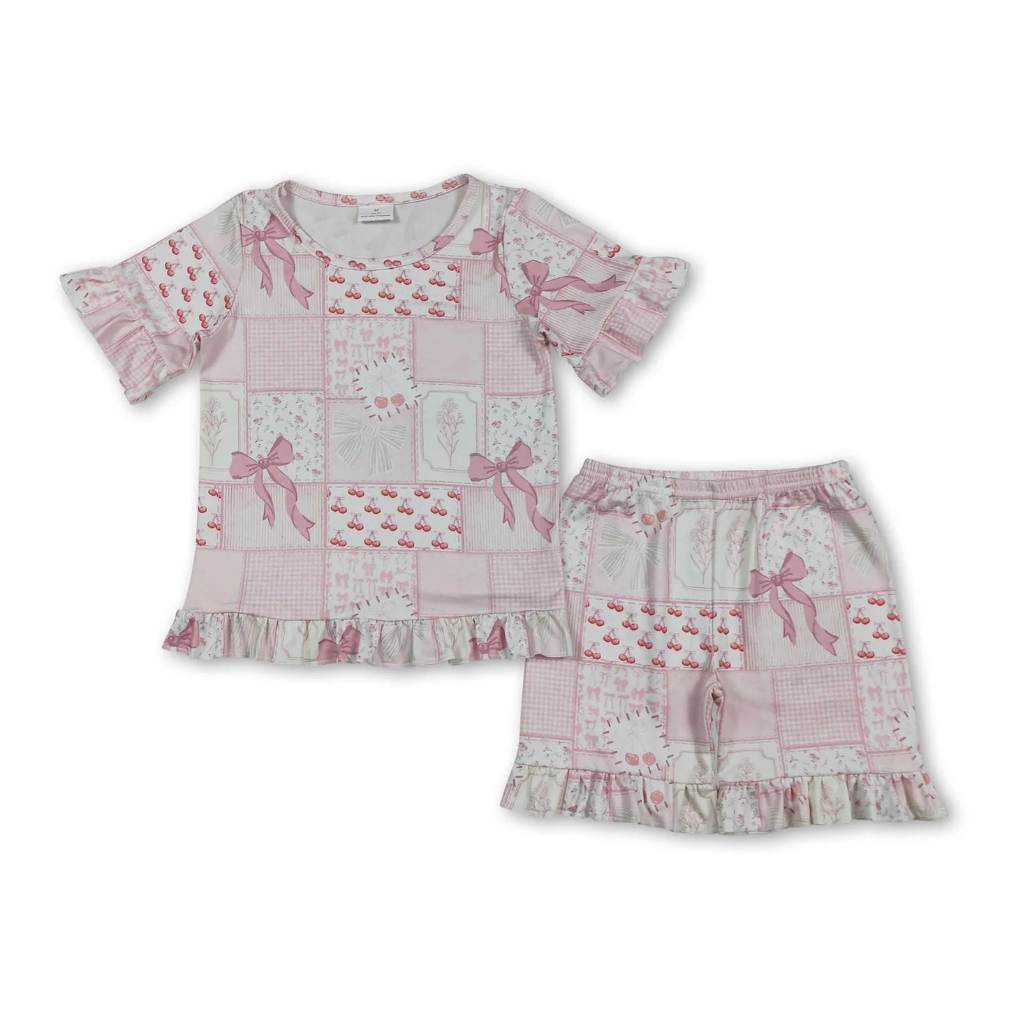 RTS NO MOQ Sibling milk silk Baby Girls Cute Flower Bow Top Ruffle Shorts Pajama Outfit