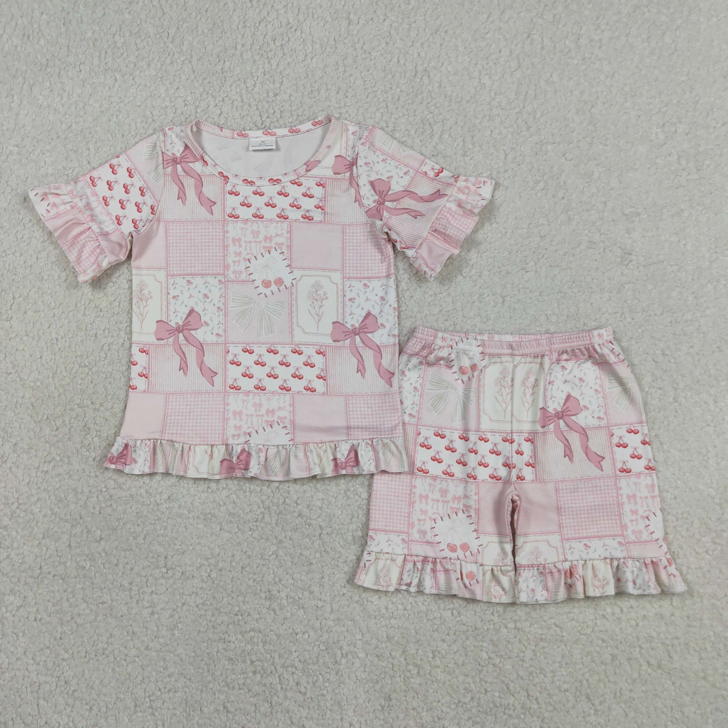 RTS NO MOQ GSSO3321 Baby Girls Cute Bows Flowers Checked Top Ruffle Pajama Shorts