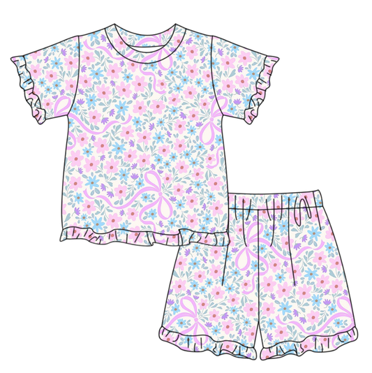 (Pre Order) No moq GSSO3322 Baby Girls Pink Bows And Flowers Top with Ruffle Shorts Pajamas Set Cute Clothes Outfit for Infants