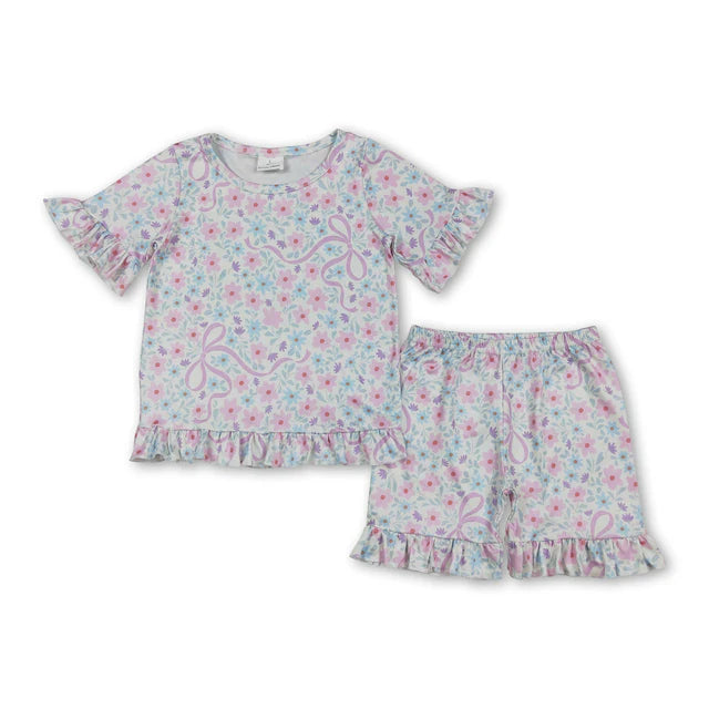 RTS NO MOQ Sibling milk silk Baby Girls Cute Flower Top Ruffle Shorts Pajama Outfit