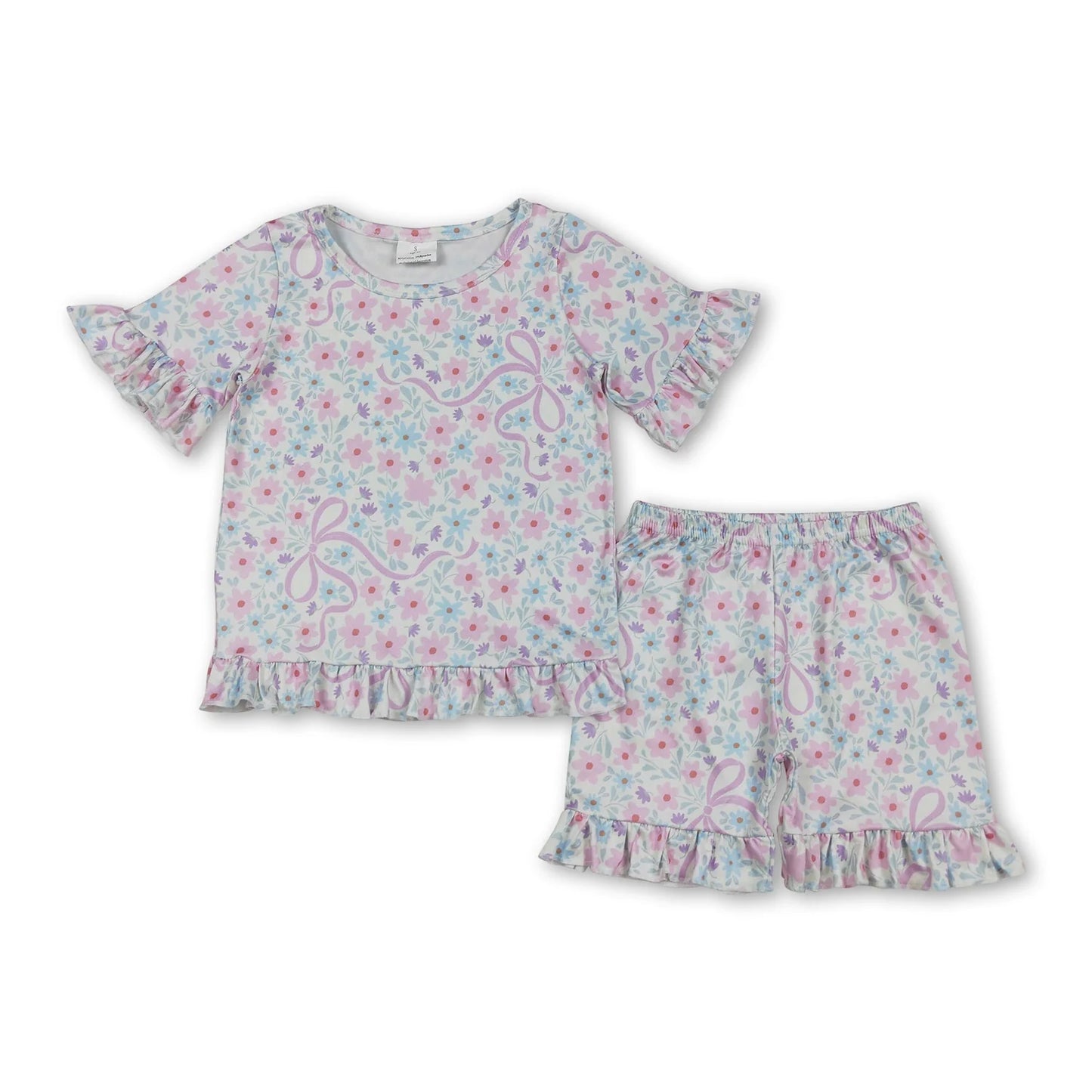 RTS NO MOQ Sibling milk silk Baby Girls Cute Flower Bow Top Ruffle Shorts Pajama Outfit