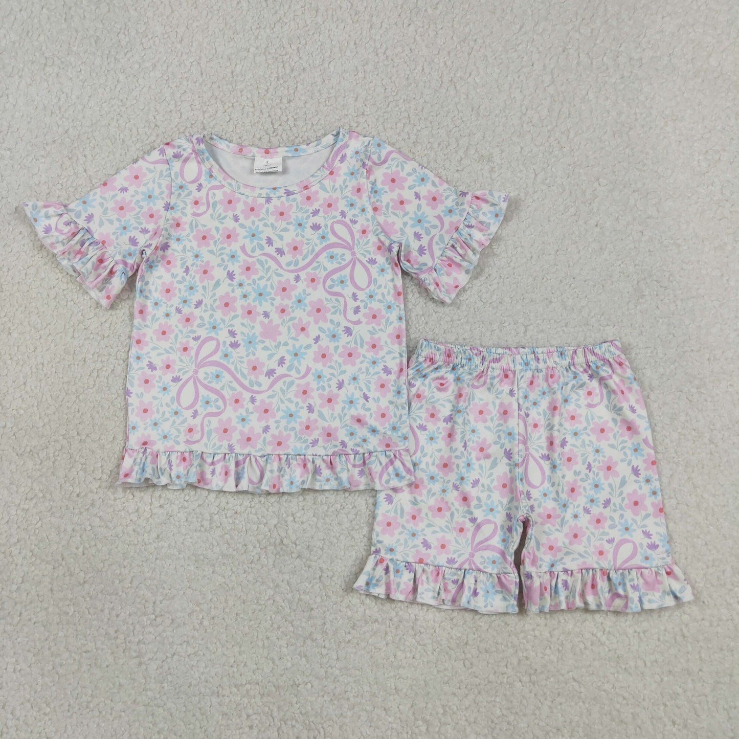 RTS NO MOQ Sibling Baby Girls Lovely Floral Bow Short Sleeve Pajama Shorts Set