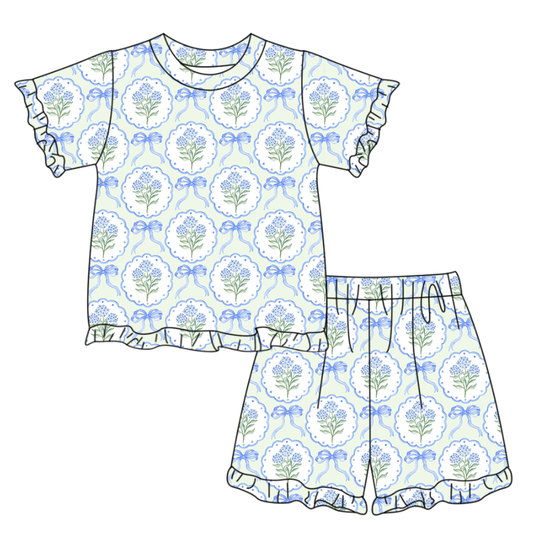 (Pre Order) No moq GSSO3323 Baby Girls Blue Pajamas Set with Bows And Flowers Top Ruffle Shorts Clothes