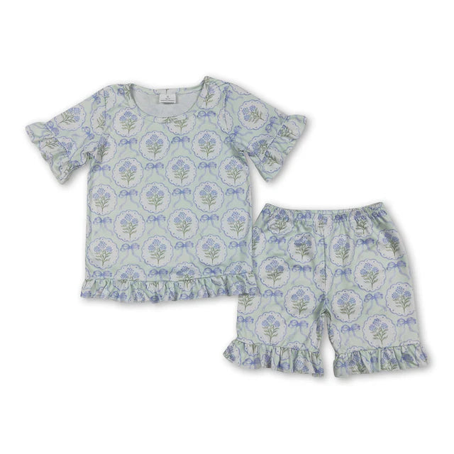 RTS NO MOQ Sibling milk silk Baby Girls Cute Flower Top Ruffle Shorts Pajama Outfit