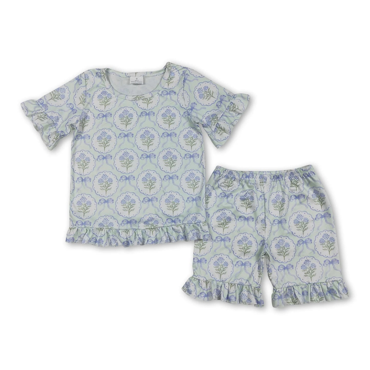 RTS NO MOQ Sibling milk silk Baby Girls Cute Flower Bow Top Ruffle Shorts Pajama Outfit