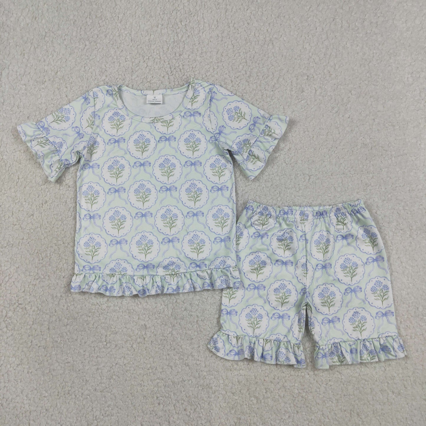 RTS NO MOQ Sibling Baby Girls Stripe Print Top Bows Ruffle Shorts Sleepwear Set