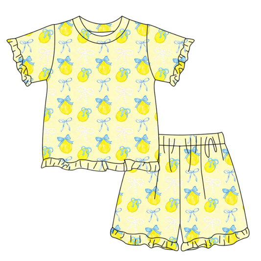 (Pre Order) No moq GSSO3326 Baby Girls Bows Lemon Print Top Ruffle Shorts Pajamas Set Cute Clothes Outfit for Infants