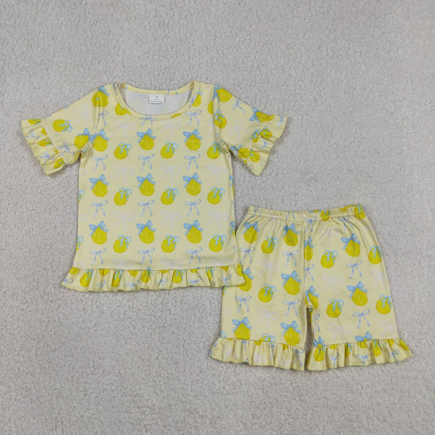 RTS NO MOQ milk silk GSSO3326 Baby Girls Bows Lemons Floral Top Elastic Waist Ruffle Shorts Sets