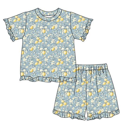 (Pre Order) No moq GSSO3327  Baby Girls Bows Lemon Print Top Ruffle Shorts Pajamas Set Cute Clothes Outfit for Infants