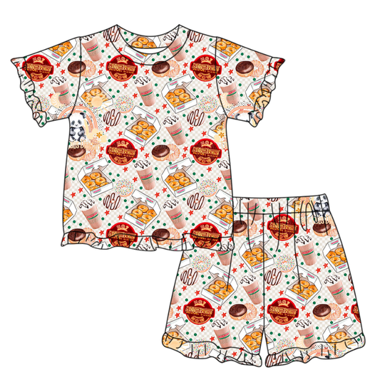 (Pre Order) No moq GSSO3328 Baby Girls Donuts & Coffee Top Ruffle Shorts Pajamas Set Cute Sleepwear Clothing Set for Infants