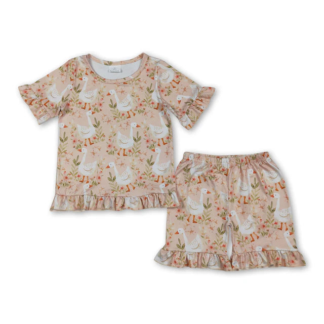 RTS NO MOQ Sibling milk silk Baby Girls Cute Flower Top Ruffle Shorts Pajama Outfit