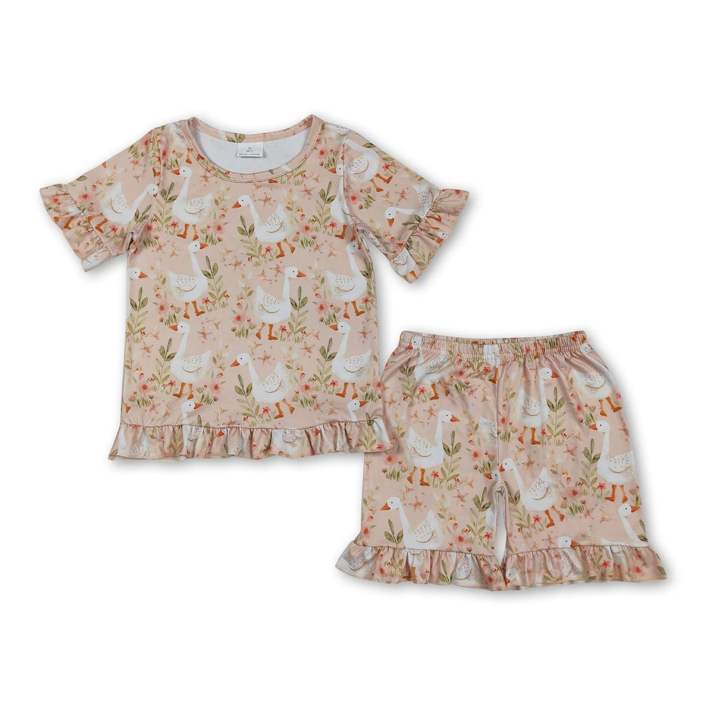 RTS NO MOQ Sibling milk silk Baby Girls Cute Flower Bow Top Ruffle Shorts Pajama Outfit