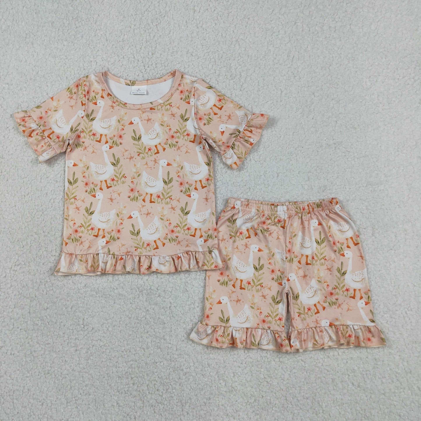 RTS NO MOQ GSSO3329 Baby Girls Cute  Flowers Goose Top Ruffle Shorts Pajamas Set